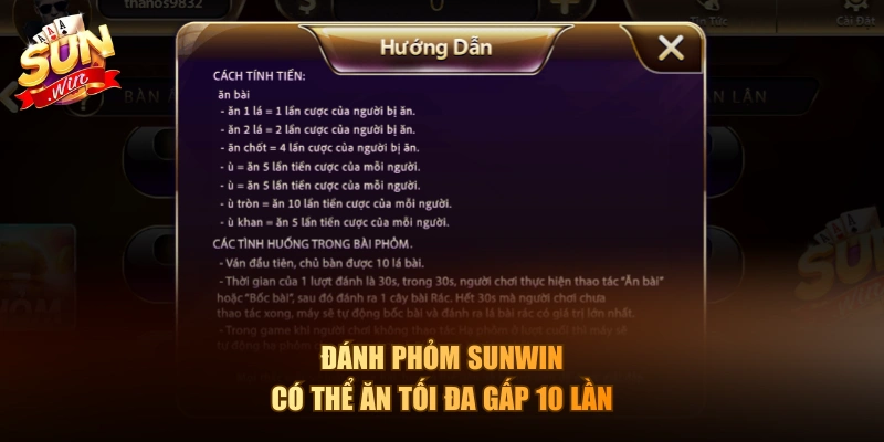 Đánh Phỏm Sunwin có thể ăn tối đa gấp 10 lần